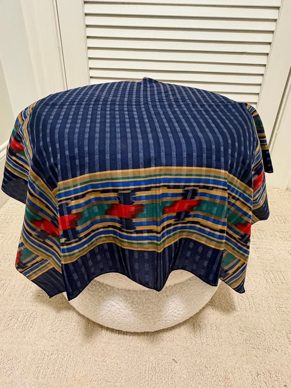 Navy Striped Boho Scarf with Colorful Southwest Motif